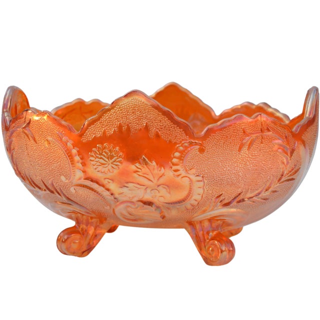 Mid-century handblown heavy glass footed bowl and centerpiece. Featuring elegant textured floral pattern and ornate...