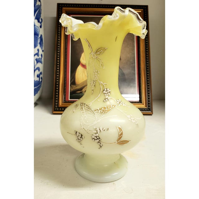 Yellow Vintage Fenton Burmese Ruffled Vase | Hand-Blown Mid-Century Art Glass For Sale - Image 8 of 10