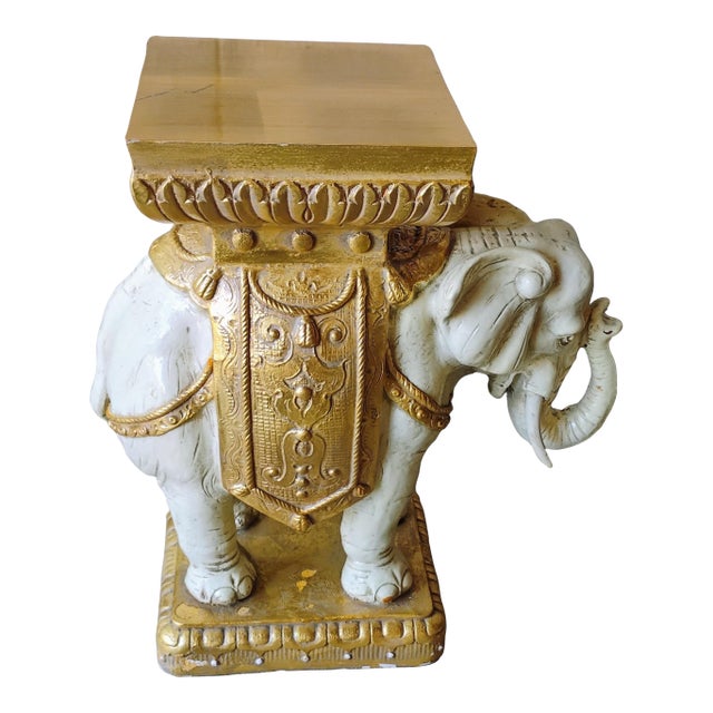Mid 20th Century Hollywood Regency Gold & White Ceramic Elephant Garden Seat Plant Stand For Sale