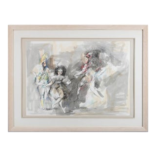 Late 20th Century "Court Scene" Figurative Abstract Pen and Watercolor Painting, Framed For Sale