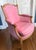 Very fine French Louis XV bergere chair with luxurious pink silk upholstery with coordinating pink and green plaid print...