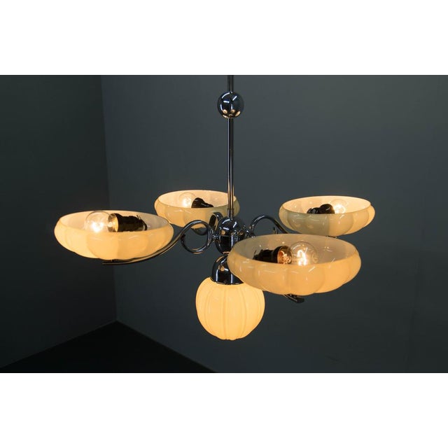 Yellow Art Deco Chrome and Glass Chandelier, 1930s For Sale - Image 8 of 14