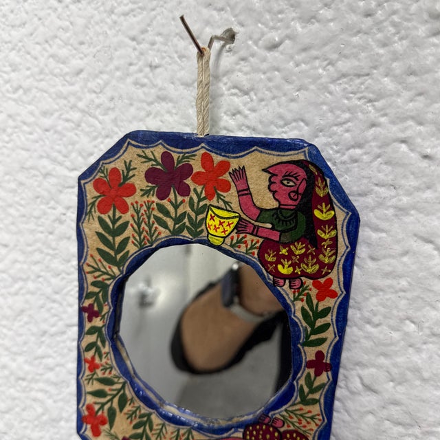 Mithila Folk Hand-Painted Art Wall Small Mirror For Sale - Image 11 of 12