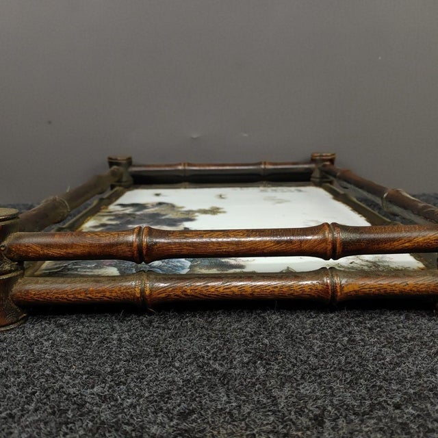 Wood Vintage Rosewood Bamboo-Form Frame & Porcelain Landscape Tea Tray For Sale - Image 7 of 9