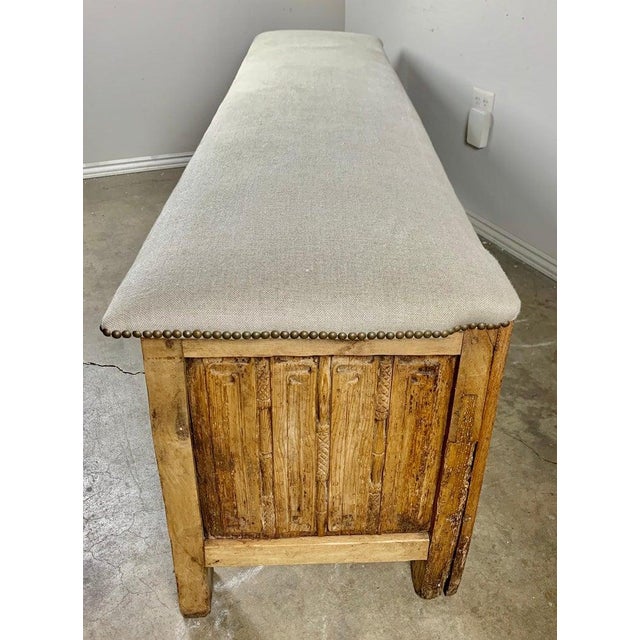 Monumental Spanish Carved Wood Bench, Linen Upholstery, 19th Century For Sale - Image 12 of 13