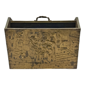 Antique Flemish Brass-Clad Wood Kindling or Coal Box – Embossed Hearth Scene