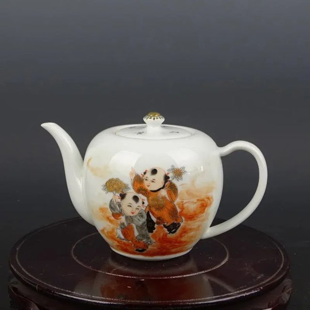 Rose Chinese Vintage Porcelain Tea Pot China Famille Rose Porcelain Tea Pot Hand Painted Ink Color With Gold Tracery Children Pattern For Sale - Image 8 of 8