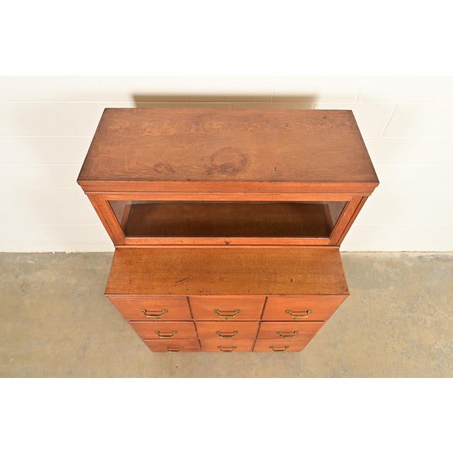 Antique Mission Oak Arts & Crafts 9-Drawer File Cabinet With Barrister Bookcase, Circa 1900 For Sale - Image 14 of 17