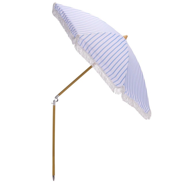 Metal Bella 6.5 Ft Beach Fringed Umbrella, Baby Blue Bistro Stripe For Sale - Image 7 of 8