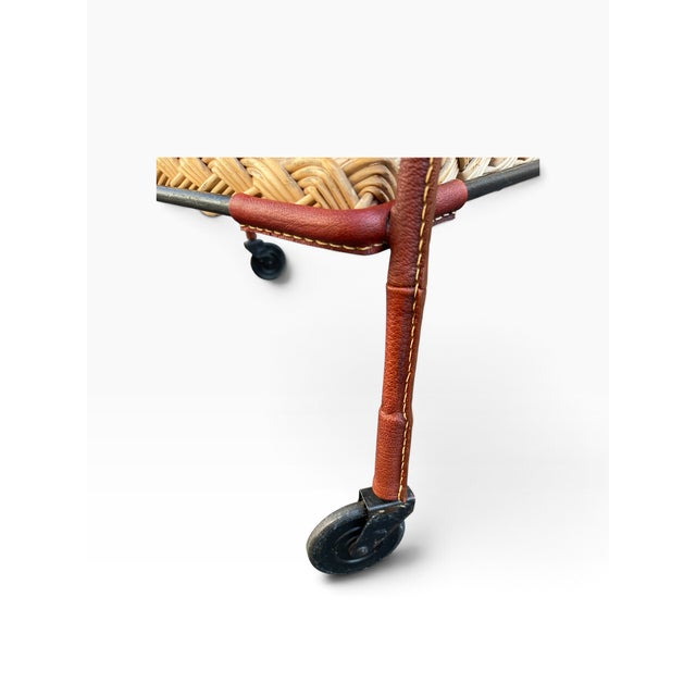 Wood Stitched Leather and Rattan Bar Cart by Jacques Adnet, 1950s For Sale - Image 7 of 14