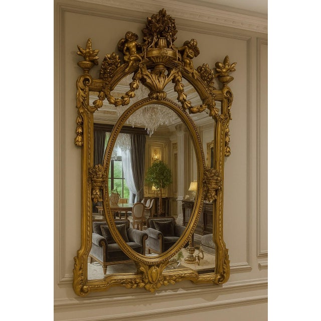 Make a dramatic statement with this ornate Venetian-inspired gold mirror, featuring exceptional sculptural detailing and...