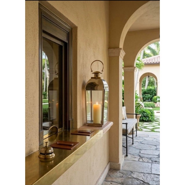 Platinum Large Mid-Century Modern Polished Stainless Steel and Brass Floor Lantern For Sale - Image 8 of 12