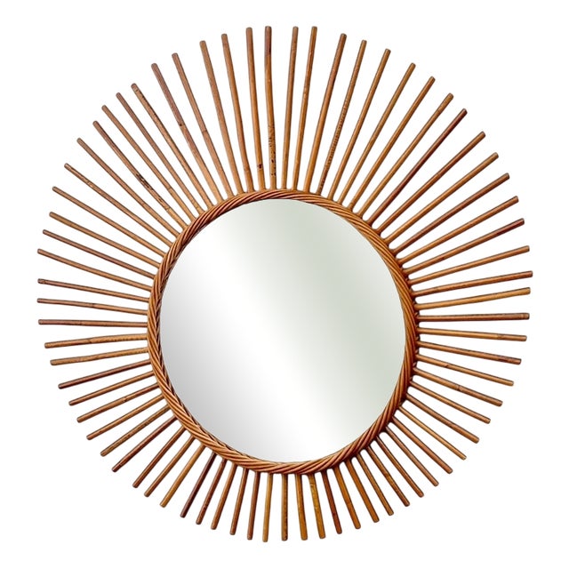 French Rattan Wicker Sunburst Asymmetric Wall Mirror, 1960s For Sale