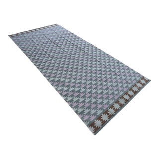Handmade Cotton Area Rug, Vegetable Dyed, Gray, Pink, Cream and Tan Geometric Dhurrie -6'x12' For Sale