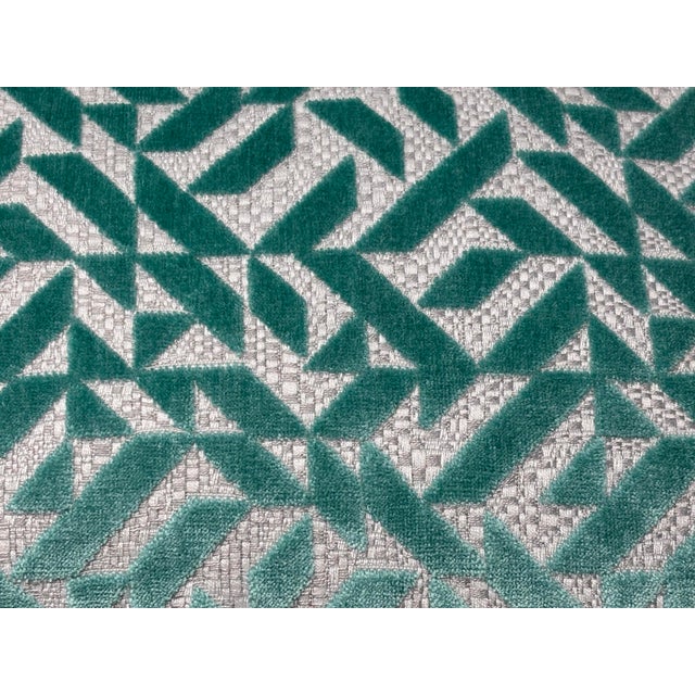 Contemporary New Teal and White Geometric Pattern Cut Velvet Decorative Accent Throw Pillow Large For Sale - Image 3 of 6