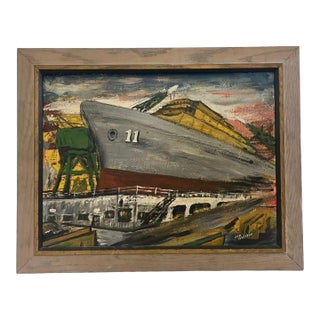 Vintage Mid-Century Industrial Shipyard Painting Signed Framed Harbor Maritime Scene. For Sale