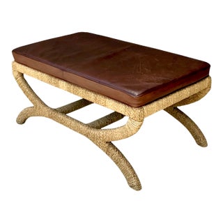 Vintage Rattan and Leather Bench For Sale