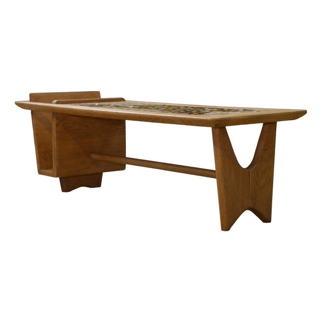 Coffee Table with Magazine Rack in Oak and Ceramic by Guillerme et Chambron for Votre Maison, 1950s For Sale