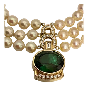 18Ct Green Tourmaline & 2.5Ct Diamond Necklace 14 KY Gold & Triple Pearl Layers
