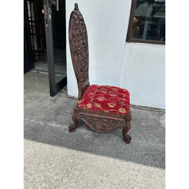 English Antique Anglo, Indian Carved Wood Ceremonial Low Chair For Sale - Image 3 of 7