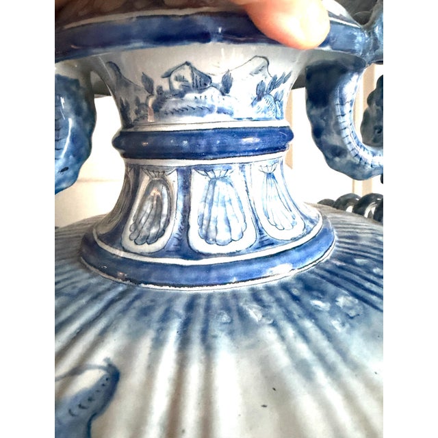 Large Vintage Cantagalli Italian Majolica Blue White Delft Style Pottery Vase Jar or Urn Serpent Handles 23"h For Sale - Image 14 of 18