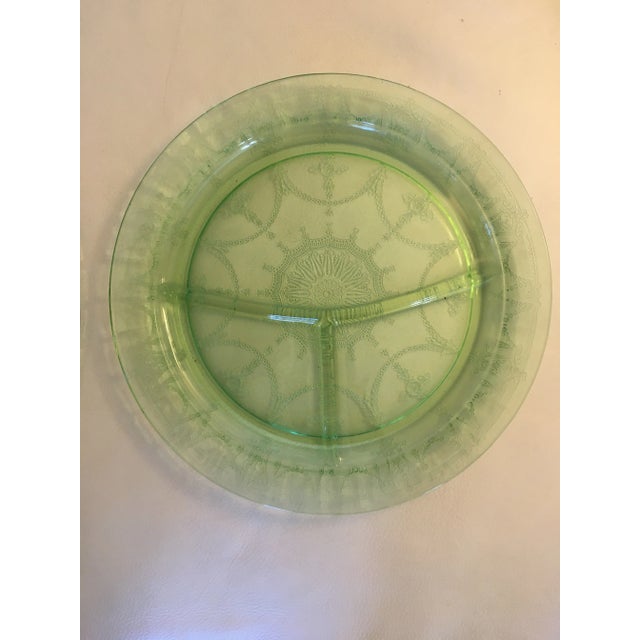Art Deco Vintage Uranium Etched Glass Divided Plates- Set of 2 For Sale - Image 3 of 7