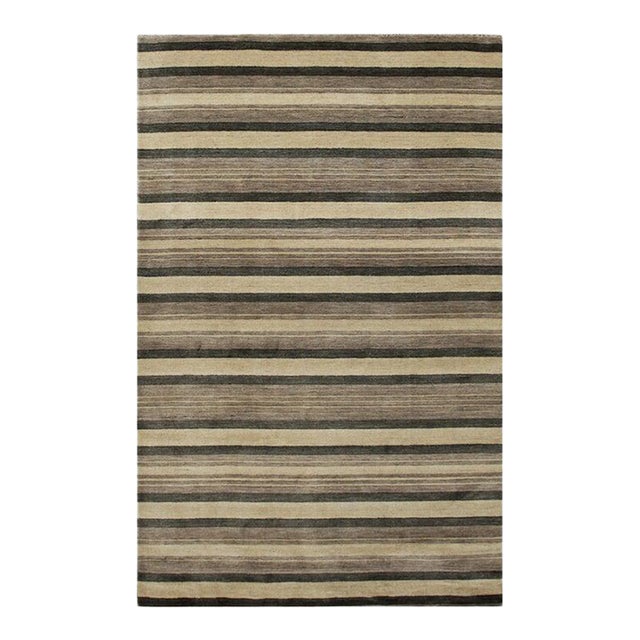 5x8 Multicolor Hand-Knotted Wool Grounded Earth Tones Striped Modern Carpet Rug For Sale