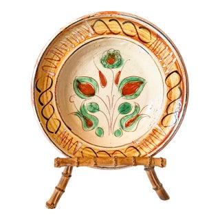 Vintage Hungarian Sgraffito Folk Art Pottery Bowl For Sale