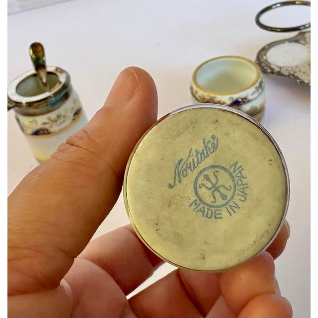 Blue 1920s Noritake Cruet Condiments Set With Landscape Scene Gold & Blue Scrolls With Silver Plated Metal Carrier For Sale - Image 8 of 9