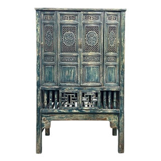 Vintage Distressed Teal Blue Oriental Carving Storage Cabinet For Sale