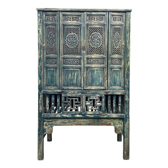 Vintage Distressed Teal Blue Oriental Carving Storage Cabinet For Sale