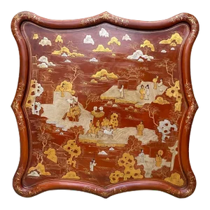 Chinese Brick Red Lacquer Golden Scenery Square Tray Display Art