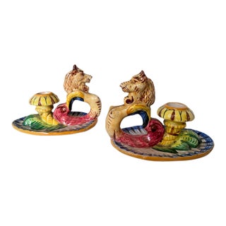 Vintage Mid-Century Modern, 1950s Italian Majolica Griffin Chambersticks, Hand-Painted Ceramic Pair For Sale