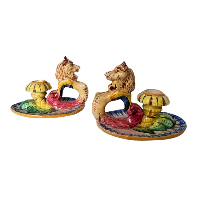 Vintage Mid-Century Modern, 1950s Italian Majolica Griffin Chambersticks, Hand-Painted Ceramic Pair For Sale