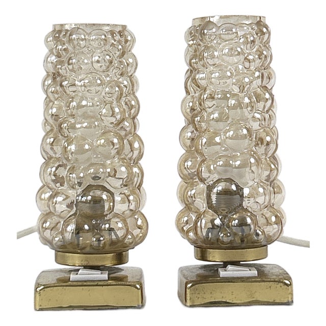 Brass & Bubble Glass Bedside Table Lamps from Teka, Germany, 1950s, Set of 2 For Sale