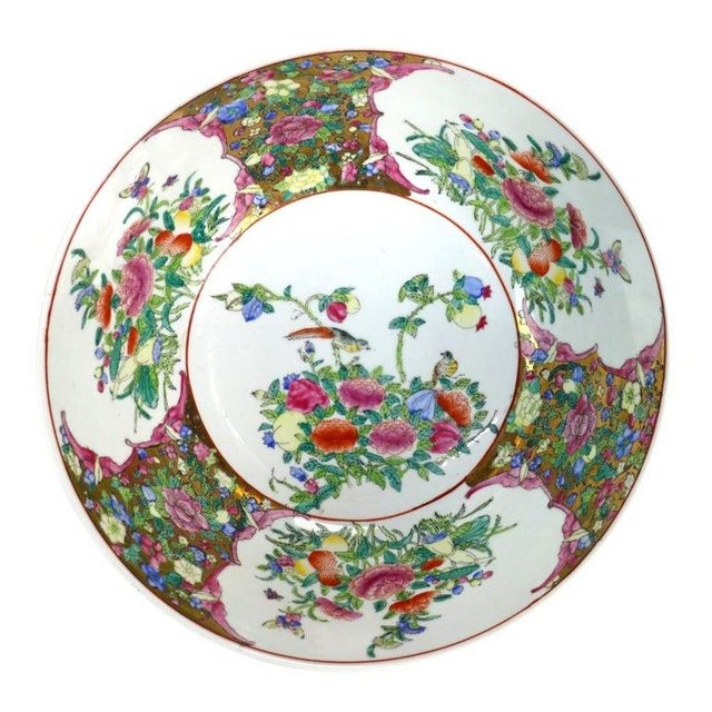 Chinese Oversized Chinese Rose Medallion Punch Bowl Flower Garden & Butterflies C1930 For Sale - Image 3 of 15