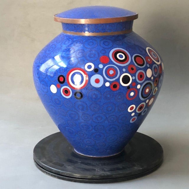 This striking, mid-century-style lidded jar is crafted in the traditional cloisonné enamel technique. The piece features a...