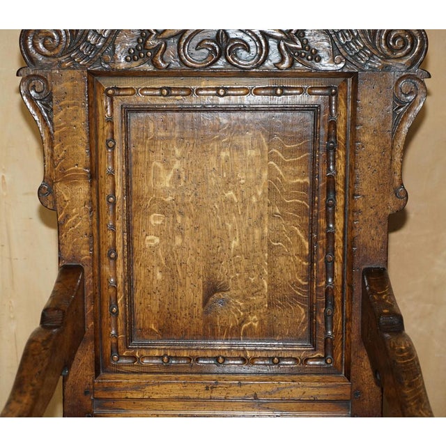 Antique Wainscot Armchair in England Oak with Side Drawer, 1850 For Sale - Image 9 of 18