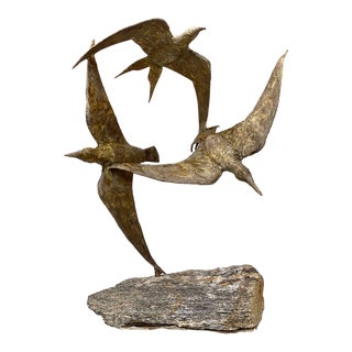 Mid-Century Large Brutalist Brass Birds in Flight Sculpture on Stone For Sale