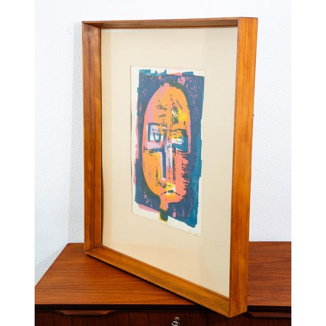 Wood 1960s Mid Century Modern Art Print Figure Abstract Portrait Sign Signed Blue Pink For Sale - Image 7 of 13