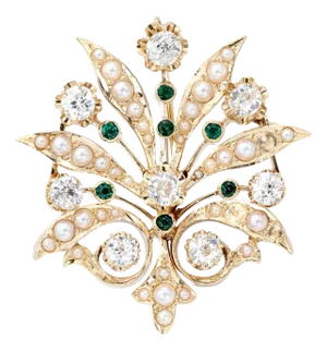 Late 20th Century 14k (585) Vintage Yellow Gold Natural Diamond and Emerald Brooch / Pendant