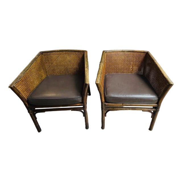 Pair of Authentic McGuire Rattan & Cane Barrel Lounge Chairs With Labels For Sale