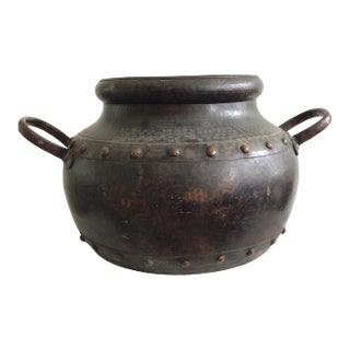 1940s Hand Hammered Studded Patinated Copper Pot With Handles For Sale