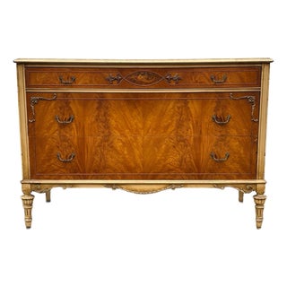 Vintage French Provincial Dresser | Walnut Veneer Chest of Drawers | Louis XV Style Cream & Wood Bedroom Furniture | Mid Century Dresser For Sale
