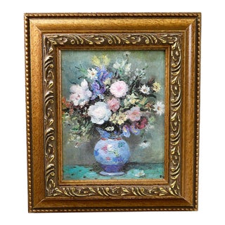 Vintage Miniature Floral Still Life Art Print in Ornate Gilt Frame With Decorative Tabletop Display Easel - Set of 2 For Sale