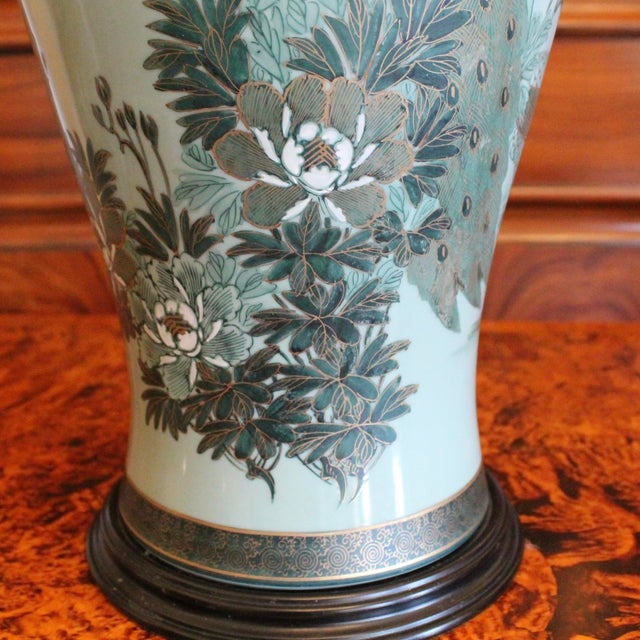 Large Japanese Celadon Blue and Gilt Peacock Vase Adapted Into a Lamp For Sale - Image 10 of 16