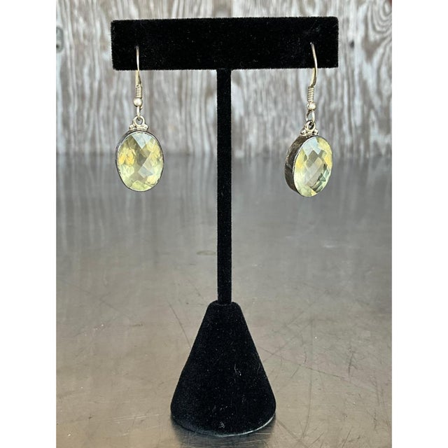 Mid-Century Modern Vintage 925 Silver Drop Earrings With Green Gemstone For Sale - Image 3 of 12