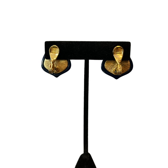 Vintage Monet Blue Cabochon Clip-on Earrings | Gold-Tone Setting | Signed Monet | Classic Designer Costume Jewelry, A Pair For Sale - Image 6 of 7