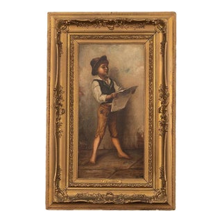Mid 20th Century Painting of a Boy reading the paper For Sale