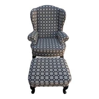 Sylvia Wingback Chair With Ottoman/Stool. Model Is a Traditional Queen Anne Style Chair With Cabriole Legs and Rolled Arms. For Sale